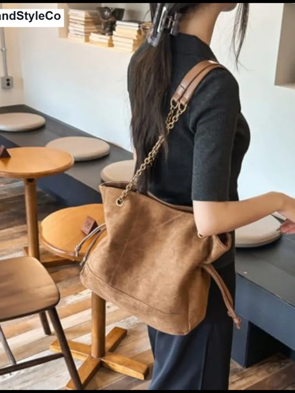 Faux Suede Hobo Tote Bag with Chain Strap Shoulder Handbag